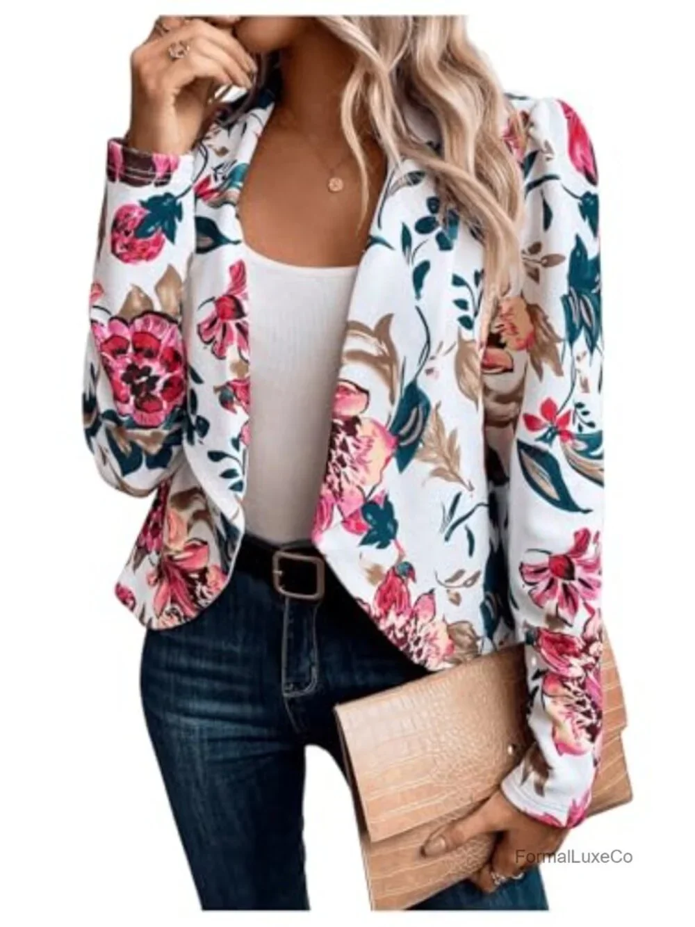 Floral Print Open Front Blazer Long Sleeve Shawl Collar Lightweight Jacket